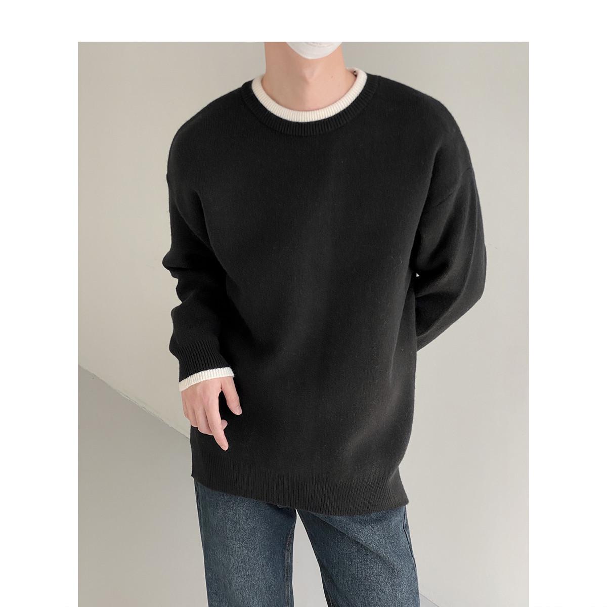 

Мужской модный вязаный свитер, круглый вырез, контрастный воротник, теплый, свободного кроя, осенне-зимний корейский стиль L чёрный