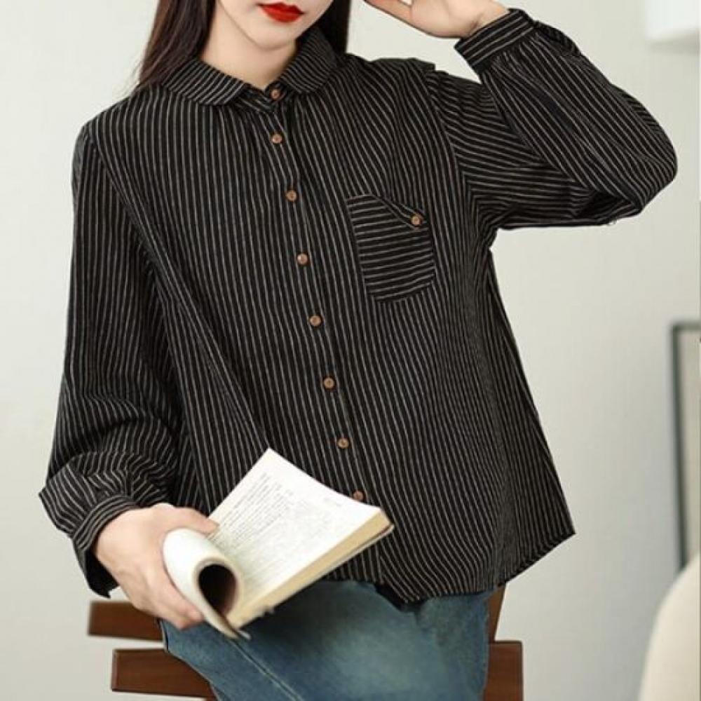 Navava Women Retro Pocket Stripe Long Sleeve Shirt Nb2976