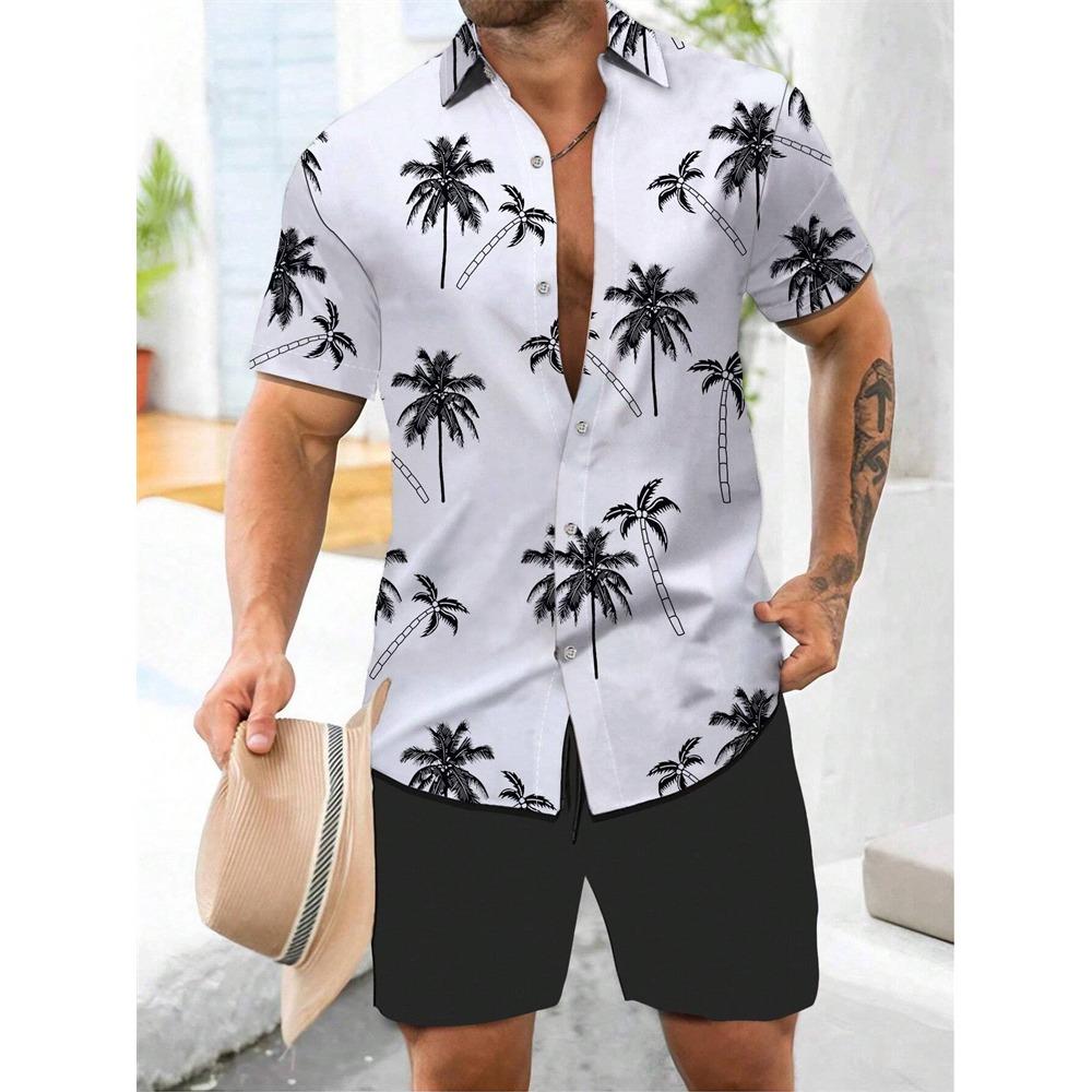 Summer New Men's Coconut Print Shirt Set High-quality Fashion Trend Shorts Hawaiian Style Casual Pool Top Outdoor Beach Two-piece Set