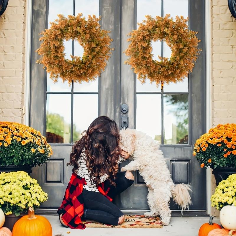 Artificial Fall Wreath for Front Door Autumn Orange Leaf Wreath Farmhouses Indoor Outdoor Window Wall Door Home Decors