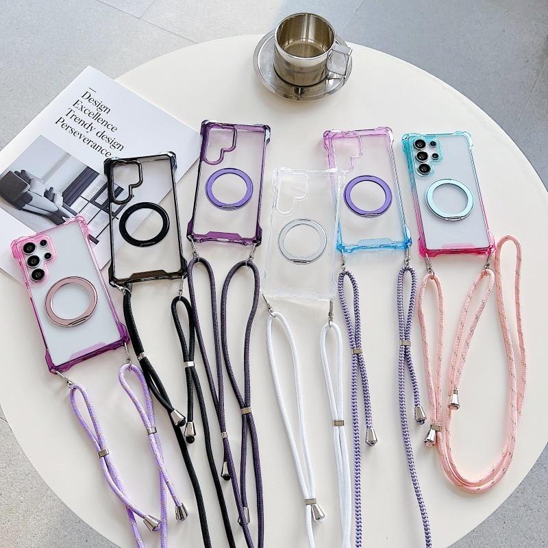 Gradient Case For Samsung Galaxy S25 Ultra S23 S22 S24 Plus 360 Ring Holder Magnetic Lanyard Four Corners Shockproof Strap Cover