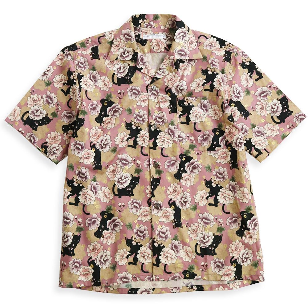 Quintet Aloha Black Cat Floral Animal Japanese Floral Short Men's Shirt, Print, Open-Collar Shirt, Pattern, Print, Sleeve, 11-70551 (L, Peony/Pink)