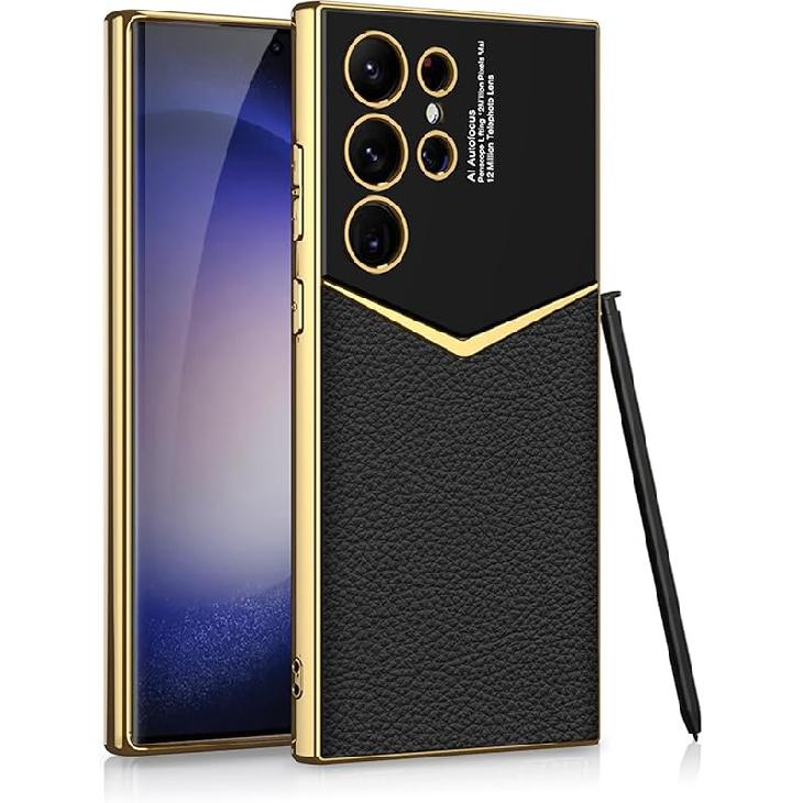 Leather Case for Samsung Galaxy S24 Ultra with Electroplated Frame, Vintage Luxury PU Non-Slip Grip Shockproof Full Body Protective Cover Phone Cases