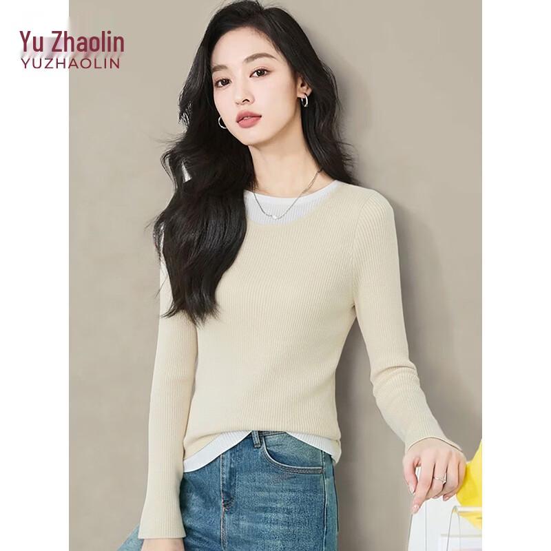YUZHAOLIN Women s Round Neck Color Block Fake Two-Piece Knit Sweater M