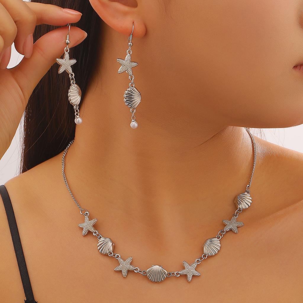 Gold Plated Starfish & Shell Jewelry Set, Ocean Themed Necklace, Earrings & Bracelet for Women