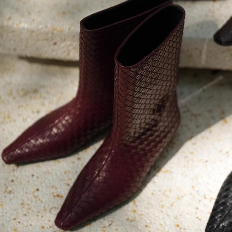 Cowhide Version~ Autumn and Winter New Square Head Woven Loose Sleeve Wedge Short Boots Women's Versatile High-end Medium Boots