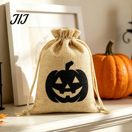 Cotton Linen Jewelry Bags Halloween Burlap Treat Bags, Pumpkin Ghost Bat Spider Witch Print Drawstring Gift Favors Candy Pouches for Cookies
