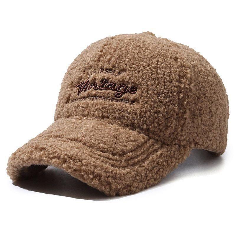 

New Lamb Wool Hat Women Autumn and Winter Versitile Fashion Plush Brim Hat Thick Warm Cotton-Padded Cap Baseball Cap Khaki Adjustable cap circumference (56 a 60cm)