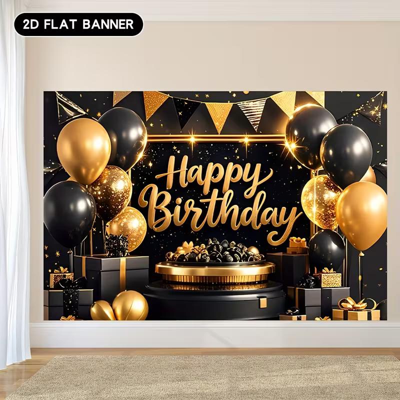 2D Black & Gold Glitter Birthday Background Cloth for Adult Party Photoshoot