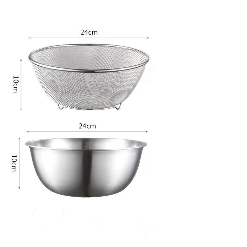 Stainless Steel Drain Basin 2-piece Set with Scale Storage Basin Strainer Rice Washing Basket Kitchen Fruit Draining Rinsing Set