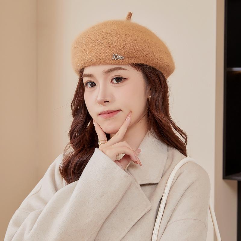 Beret Hat Women's Autumn and Winter Style Face Showing Little Painter's Hat Trendy New Large Head Circumference Rabbit Fur Knitted Newsboy Hat