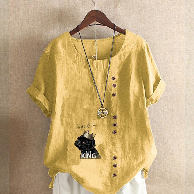 Women's Fashion Dog Letter Prined Round Neck Short Sleeve T-shirt Casual Cotton Linen Graphic Shirt Leisure Loose Summer Blouse Tops