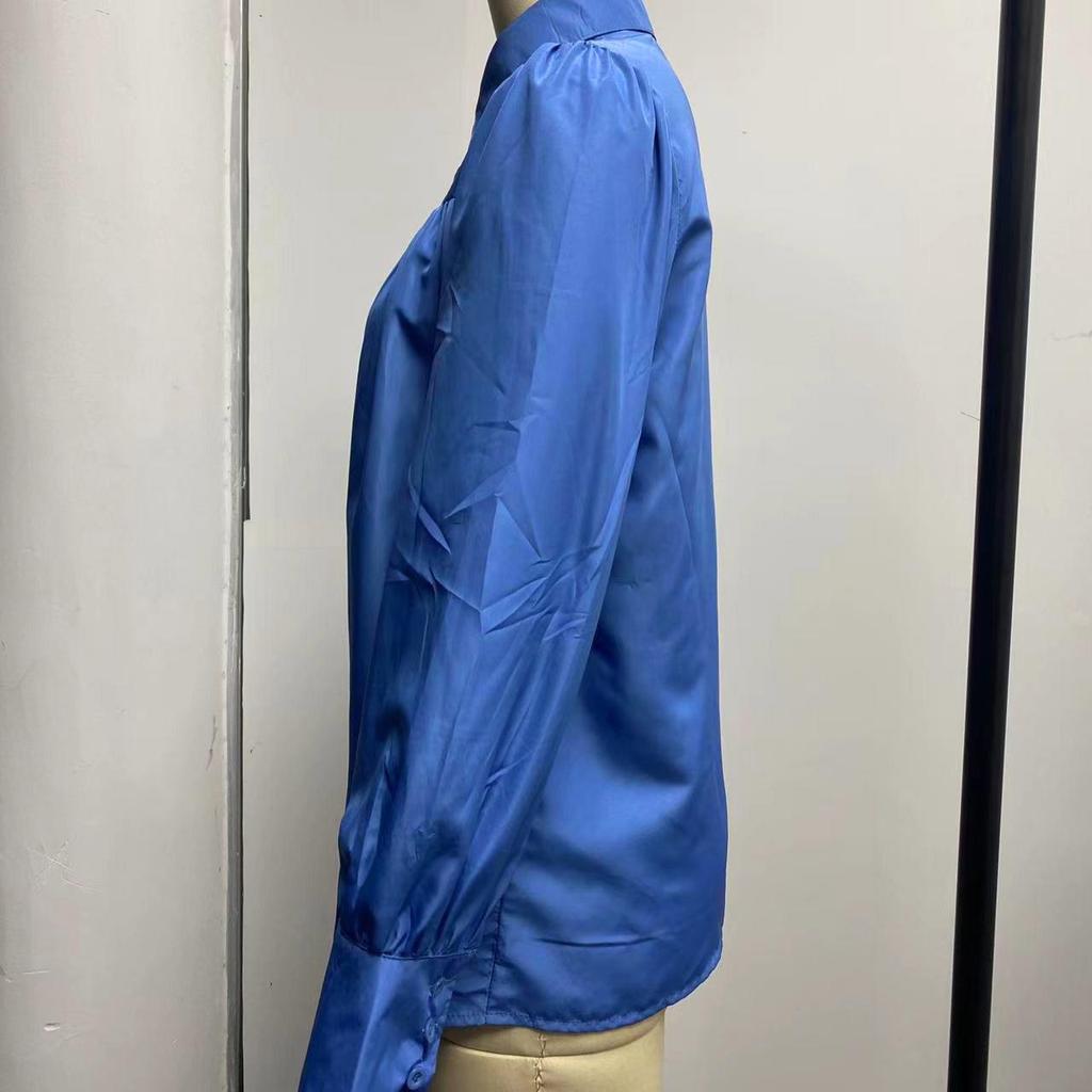 Solid Color Loose Button-Down Shirt with Pleated Lantern Sleeves