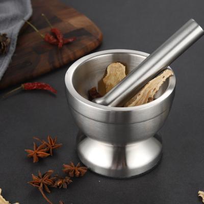 Double Mini Stainless Steel Metal Mortar Pestle Set with Pedestal Bowl Garlic Press Herb Pepper Spice Grinder for Kitchen