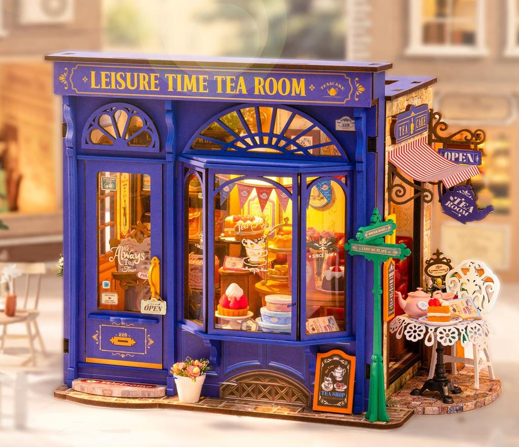 Leisure Time Tea Room DIY Miniature Toy 3D Wooden Puzzle Cozy Tea Room Miniature Openable Design Doll House Birthday Gift for Adults