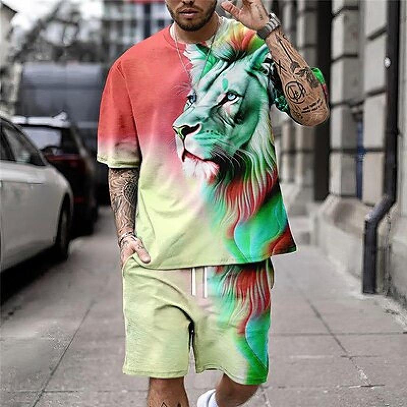 Men's Casual 2pcs Set, Eagle Print T-shirt + Active Shorts Matching Set For Fitness