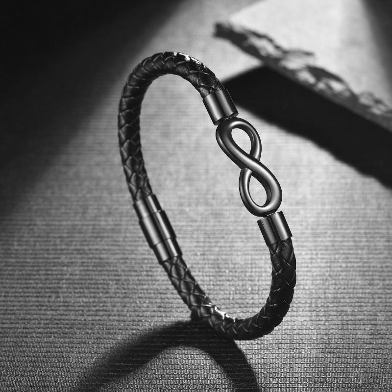Stainless Steel Geometric Infinity Symbol Bracelet Men Magnetic Clasp Handmade Leather Woven Cuff Jewelry