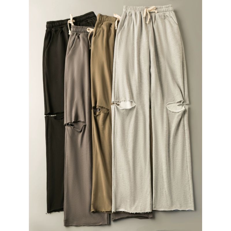 

Spring & Fall Export K-style New Straight Slim Looking Casual Tied Elastic Waist Ripped Fur Foot Mouth Pants Black S