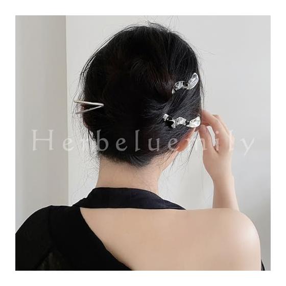 Herbeluemily Hair Stick, Simple Metallic Chic Design, Gunmetal + Silver, Approx. 17cm Length, for Kimono, Yukata, Formal, Casual, Parties, Gifts