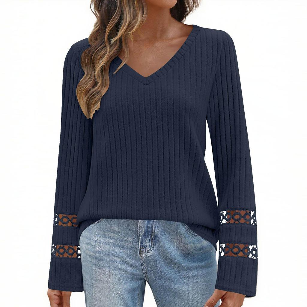 Women's Crochet Hollow Long Sleeve Ribbed T-Shirts Dressy V Neck Loose Tunic Tops Fall  Going Out Casual
