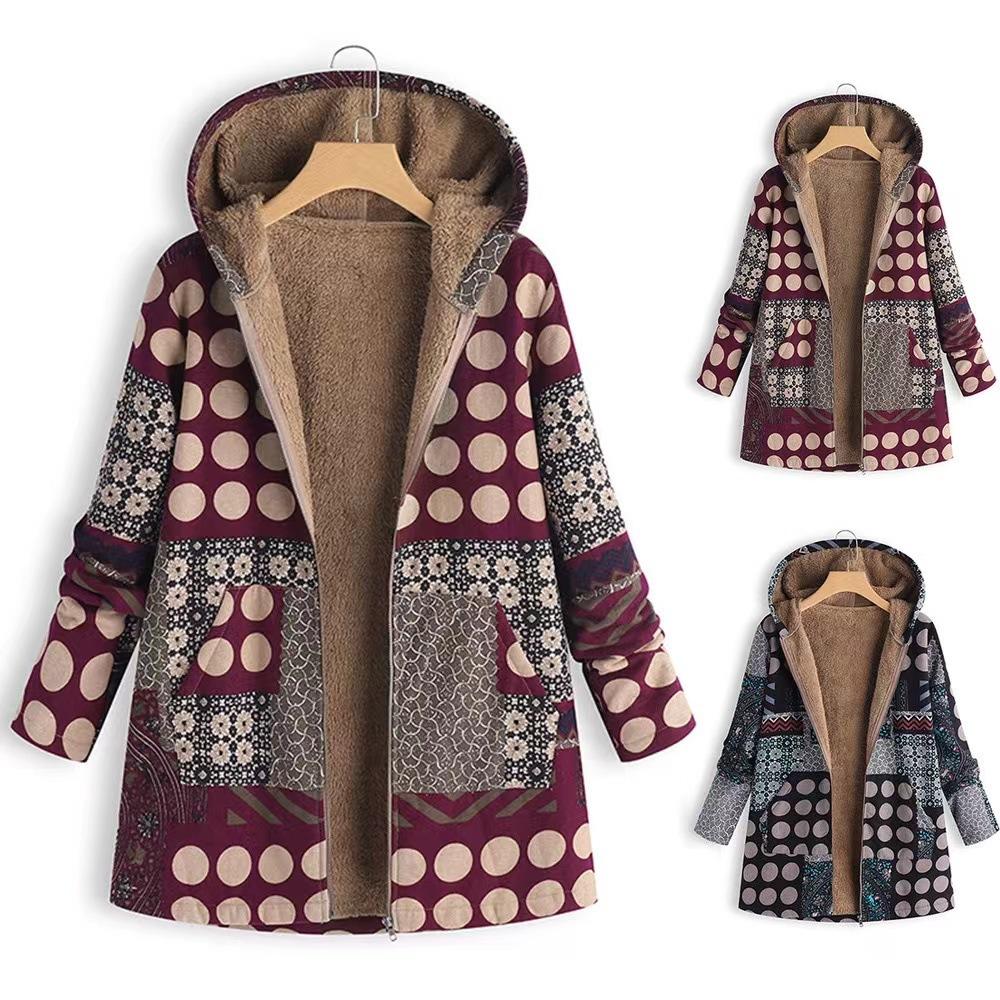Europäische und amerikanische Damen Freizeitjacke mit Druck, Karomuster, aus Baumwolle und Leinen, Plüsch, mit Kapuze und Reißverschluss