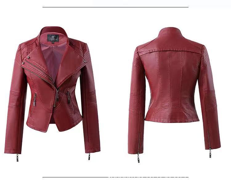 Giacca da motociclista da donna in pelle, moda europea americana, slim, stile retrò versatile con cerniera.