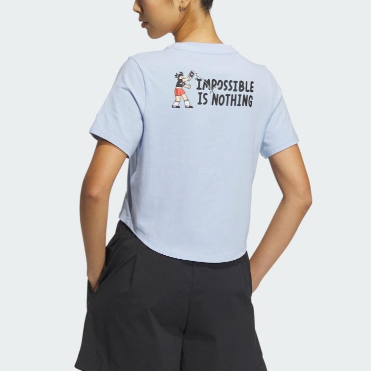 Adidas Graphic Tee Logo Embroidered Letter Print Crop Top Women Tops Light-Pink Blue HY2819