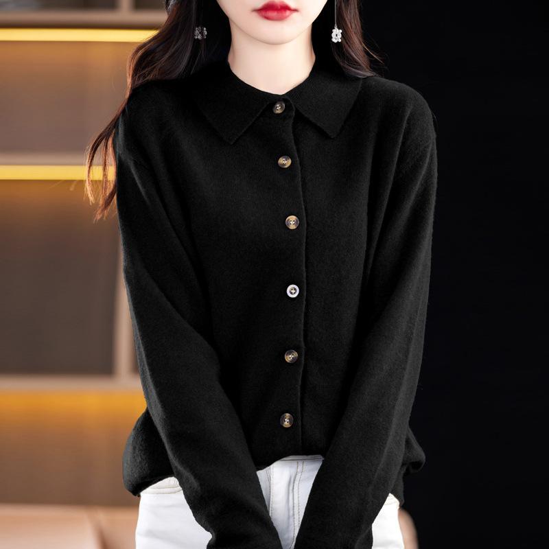 Women's POLO Neck Sweaters Fashion Cardigans Casual Solid Color Print Autumn Winter Long Sleeve