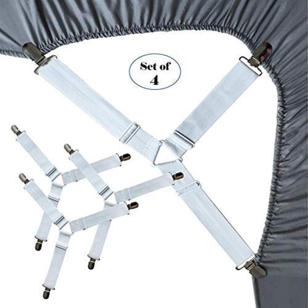 4 PCS Bed Sheet Holder Straps, Elastic Mattress Corner Clips 3 Way Fitted Bed Sheet Fastener Suspenders Grippers