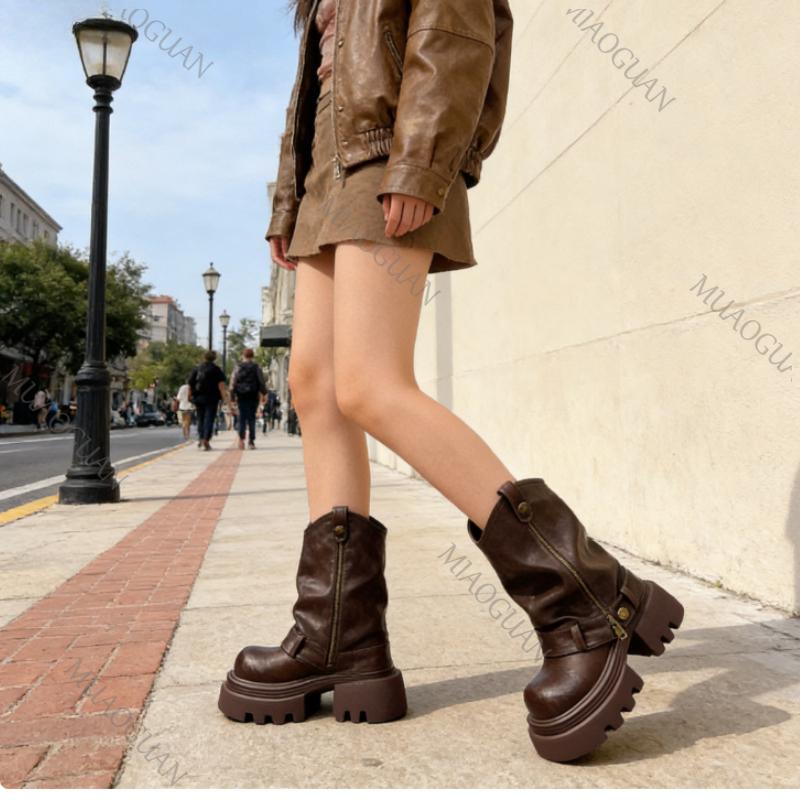 Fashion Vintage Women Ankle Boots Retro Slip On Knight Short Booties Ladies Causal Platform Heels Shoes Comfort No Slip Footwear