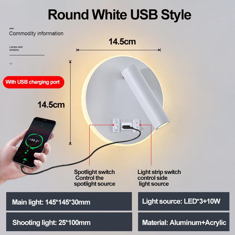 Rotatable Wall Lamp Hotel Bedroom Bedside Study Reading Sconce Lamps USB Charging Night Light Living Room Corridor Hallway Decor