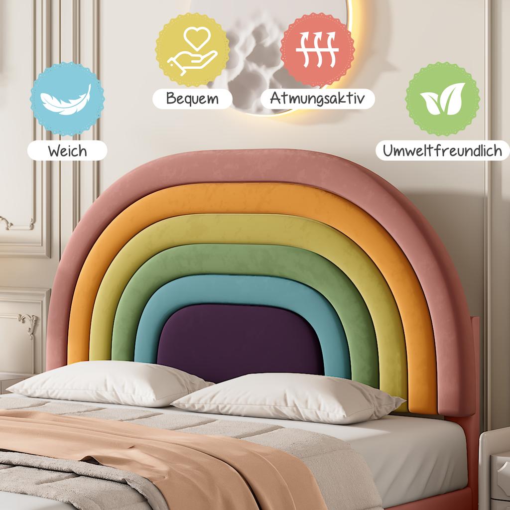Letto imbottito 140*200, Rete a doghe, Letto per ragazzi, Adulti e adolescenti, Supporto a doghe in legno, Montaggio facile, Testiera regolabile in altezza, Velluto, Rosa