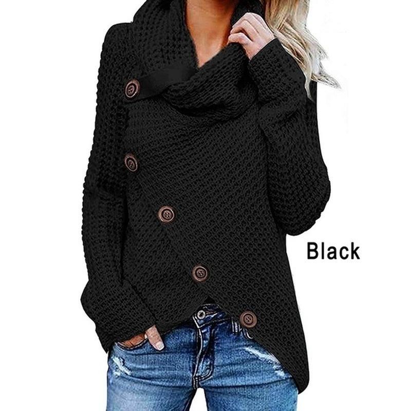 Women Knited Sweaters Cardigan Long Sleeved Buttons Loose Pullovers Turtleneck Irregular Hem Tops