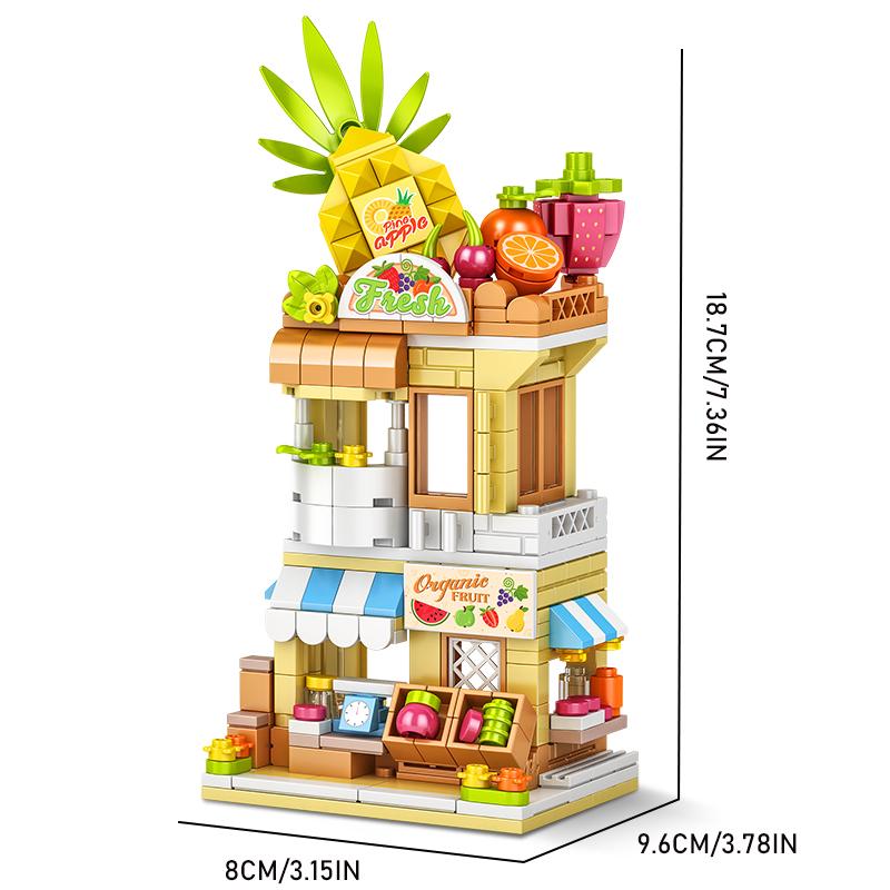 Stadt Bausteine Obstladen Blumengeschäft Hausmodell Set Desktop Deko Kinder DIY Spielzeug Weihnachts- Geburtstagsgeschenk