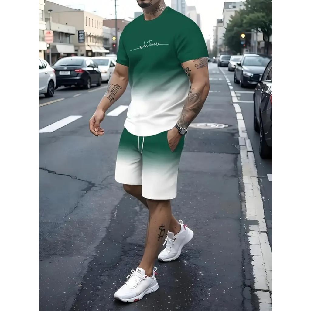 2025 Men's Short Sleeve Set Anchor Print Blue And White Summer Short Sleeve Shorts 2 Pieces Urban Fashion Street Suit