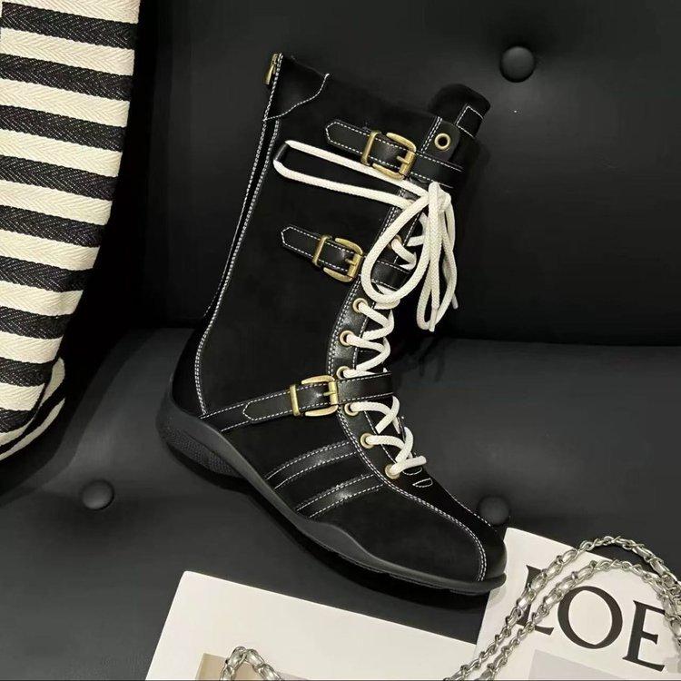 Cowhide version~ 5cm inner height increase thick-soled boxing boots women's upgraded version duck hunting boots belt buckle design Martin boots sho