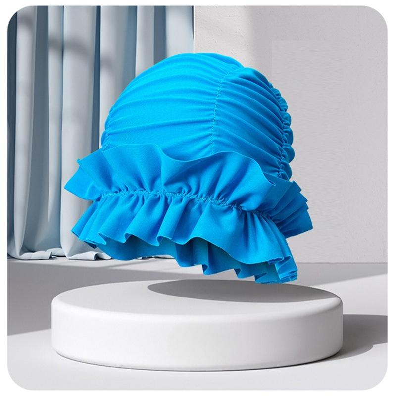 Women Ruffle Swim Cap Stretchy Ear Cover Hat Long Hair Protection Cap