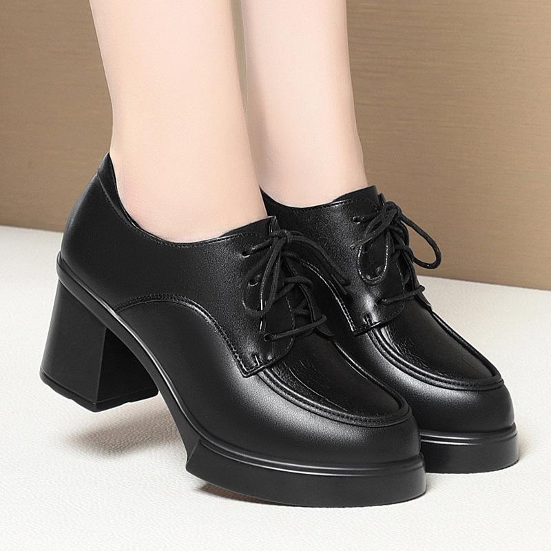 Women's High-heeled Black Work Shoes, Chunky Heel Work Shoes, Lace-up Single Shoes, Deep-cut Spring and Autumn Women's Shoes