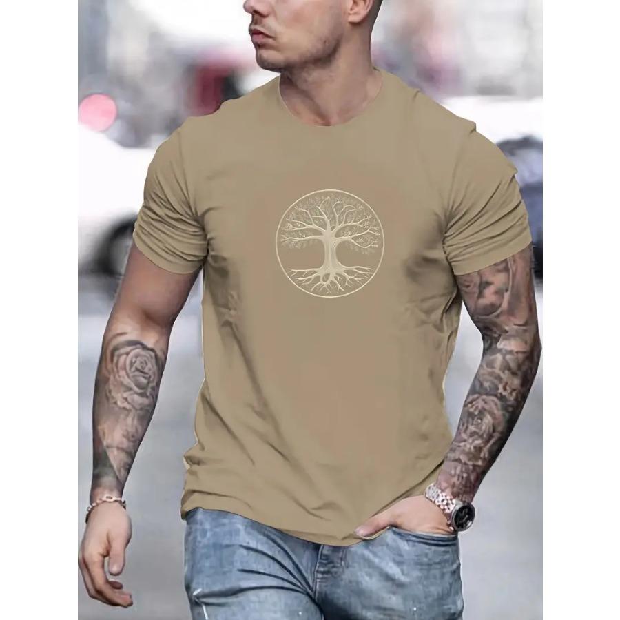 Men's Tree Graphic T-Shirt - 100% Polyester Casual Summer Wear with Round Neckline, Short Sleeves, and Smooth Fabric Texture