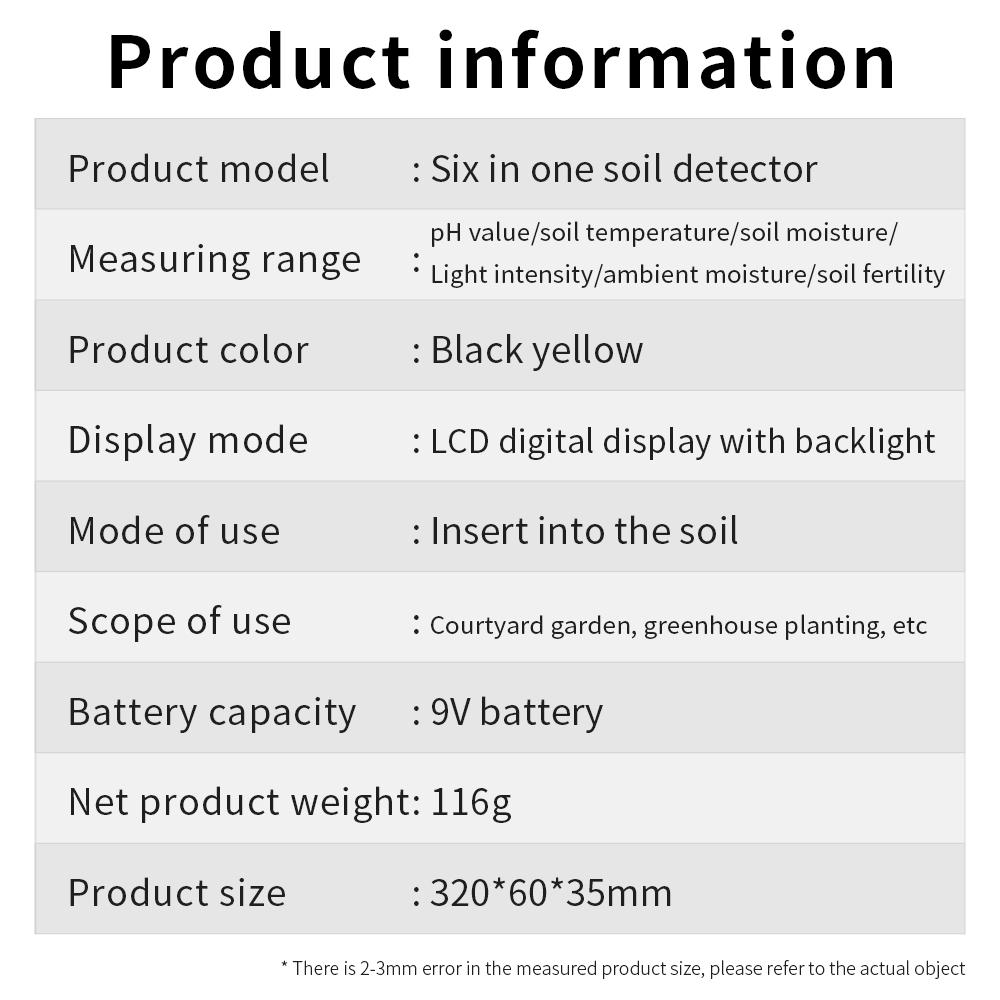 6 in 1 Soil Tester Soil Fertility pH Temperature Air Humidity Sunlight Moisture Soil Fertility Detector Garden Tools