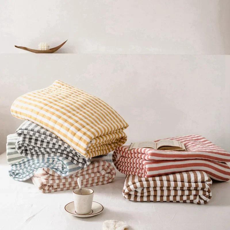 Stripes 100% Cotton Summer Blanket For Bed Soft Skin Friendly Queen Quilt For Summer Air Conditioner Thin Comforter Breathable