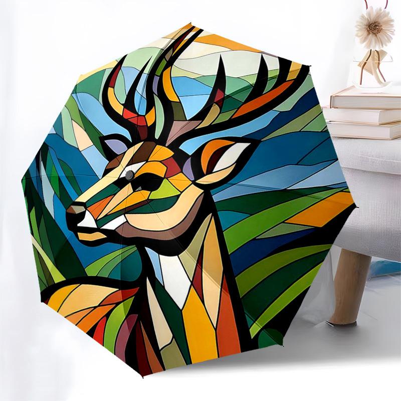 

1pc Stained Glass Deer Design Automatic Folding Umbrella - Portable 3-Fold Design with 8-Rib Iron Frame - Outdoor for Fans, Travelers, Daily Use - Per