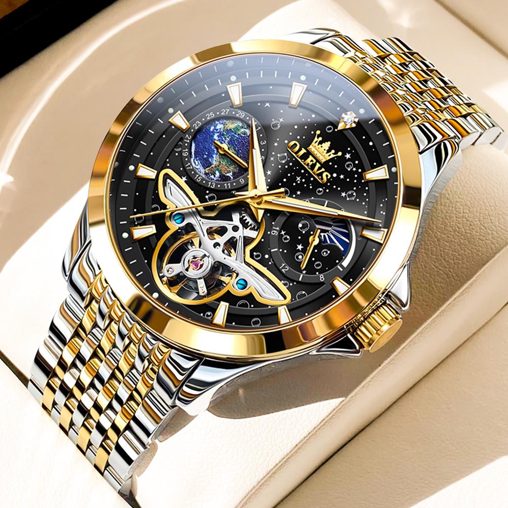 OLEVS Luxury Men Automatic Mechanical Watch Starry Sky Blue Dial Tourbillon Hollow Wristwatch Stainless Steel Waterproof Watch