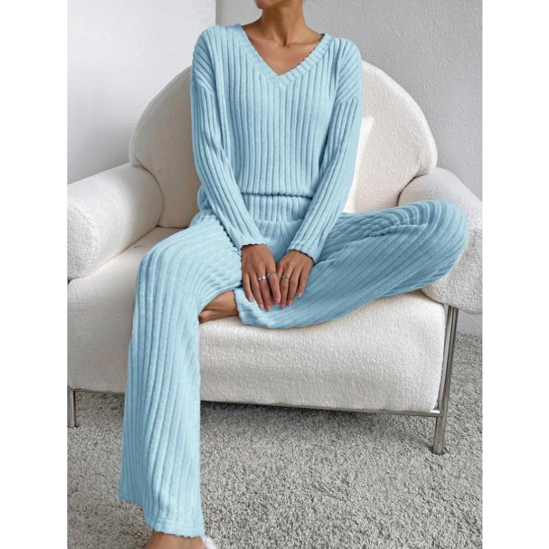 Women Casual Loose V Neck Long Sleeve Knit Top Straight Long Pants Two Piece Set