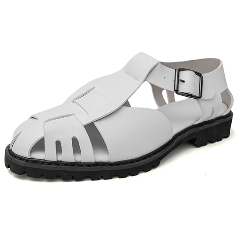 Summer New Men Gladiators Weave Slip On Thick-sole Patent Leather Garden Shoes Breathable Beach Sandals Outdoor Slippers