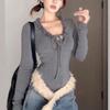 New European & American Style Deep V-neck Slim-fit Ruffle Long-sleeved T-shirt