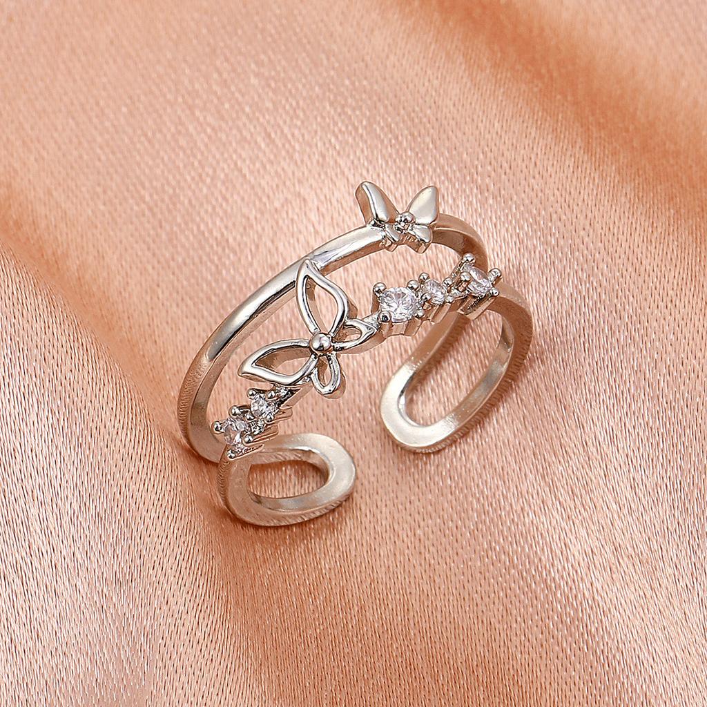 High-quality Retro Double-layer Ring for Women, Niche Ins Copper Micro-inlaid Zircon Butterfly Live Adjustable Simple Ring