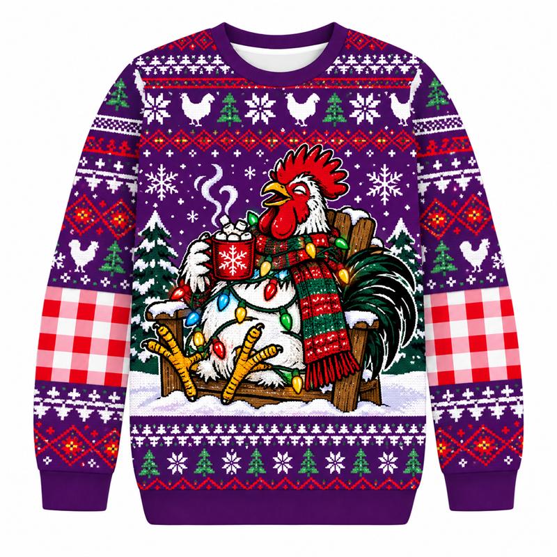 Funny Rooster Ugly Christmas Sweatshirt Men Women 3D Print Ugly Sweater Holiday Party Pullover Xmas Gift For Men Women Top New