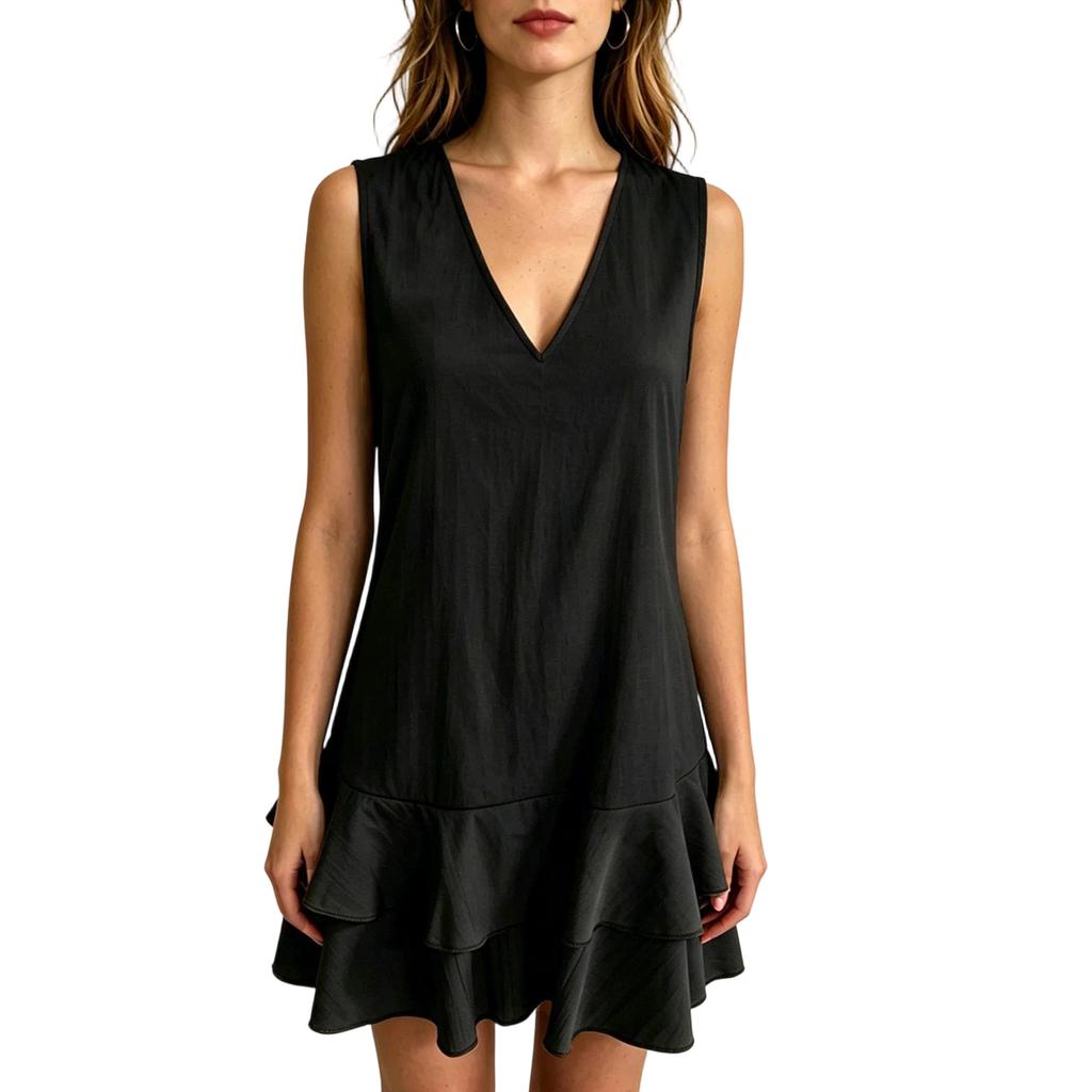 Women's Sleeveless V Neck Dress Summer Casual Comfortable Ruffle Hem Loose Fit Lightweight Layered Mini Dress