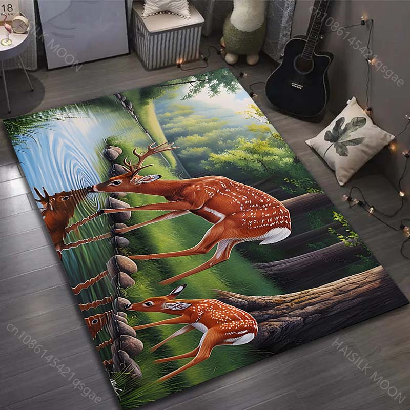Rehkitz trinkt Wasser im Wald Druck Teppich für Wohnzimmer Schlafzimmer Bettseite Sofa Bodenmatte Moderne Heimdekoration Große Größe